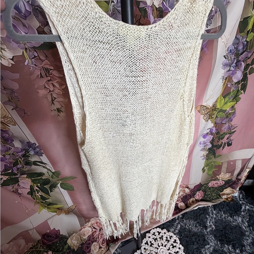 Boho Fringe Open Style Knit Long Vest Cardigan in Beige, Size Large. - Picture 3 of 5